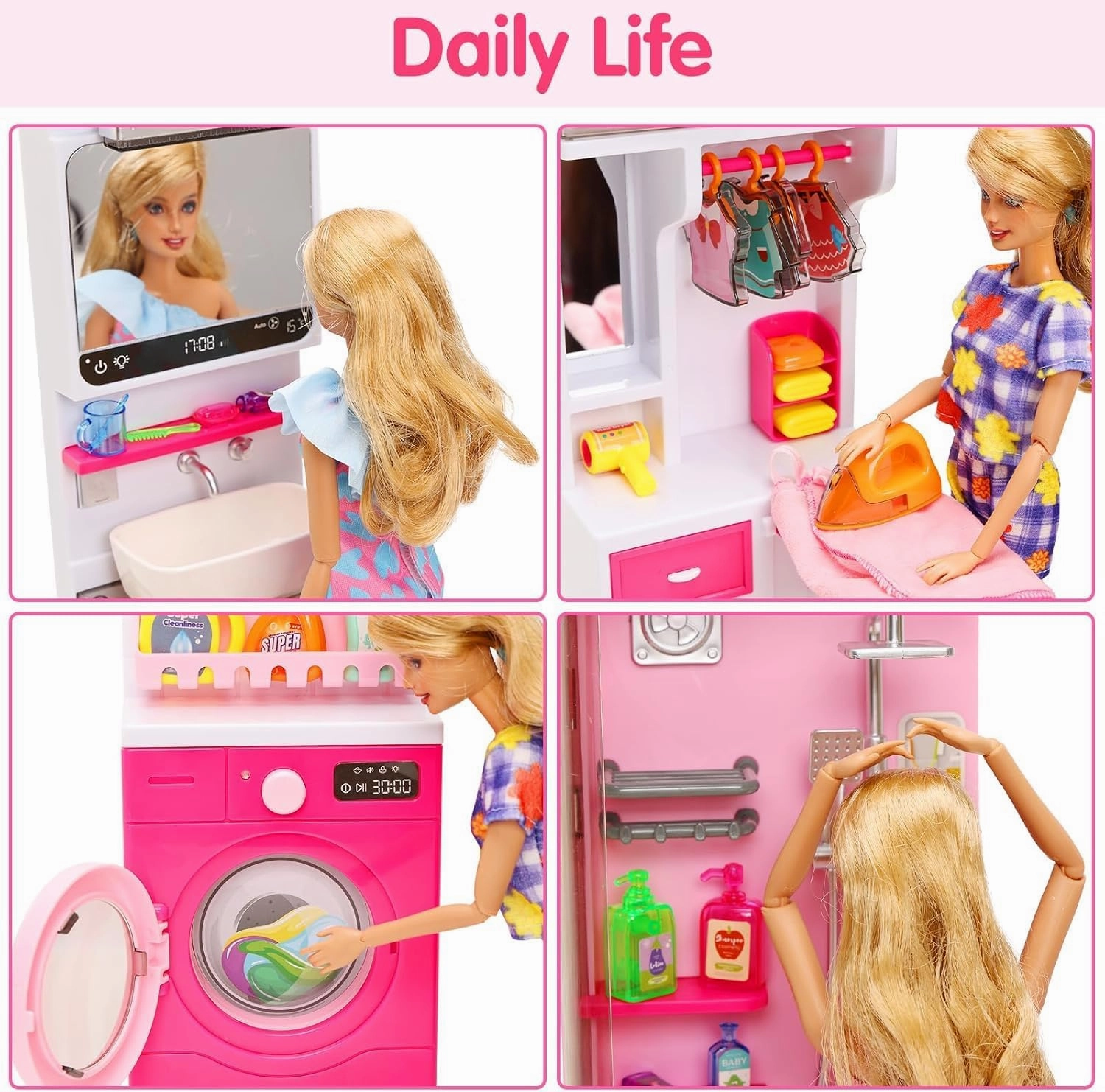 Doll Mini Bathroom Laundry Playset for Kids, House Furniture Pretend Play Toy Accessories Set with Realistic Lights & Sounds for Toddlers, Girls (4-in-1 Bathroom Set)