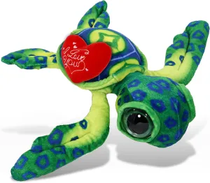 DolliBu I Love You Valentine Plush Green Sea Turtle - Cute Stuffed Animal with Red Heart and Name Personalization Gift for Valentines Day, Birthday, Anniversary, Romantic Date - 10 Inches