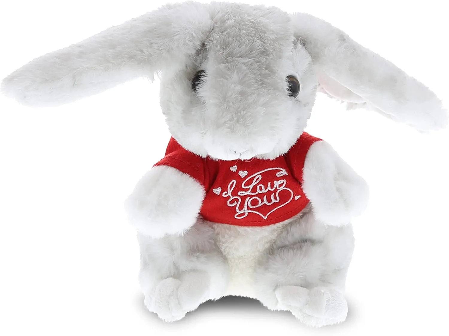 DolliBu I Love You Valentine Plush Grey Rabbit - Cute Stuffed Animal with Red Shirt and Name Personalization Gift for Valentines Day, Birthday, Anniversary, Romantic Date - 4.5 Inches