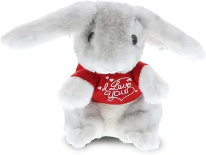 DolliBu I Love You Valentine Plush Grey Rabbit - Cute Stuffed Animal with Red Shirt and Name Personalization Gift for Valentines Day, Birthday, Anniversary, Romantic Date - 4.5 Inches