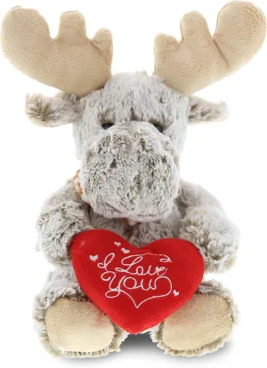 DolliBu I Love You Valentine Plush Sitting Moose - Cute Soft Cuddly Stuffed Animal with Red Heart Gift for Valentines Day, Birthday Present, Anniversary, Romantic Date - 10 Inches