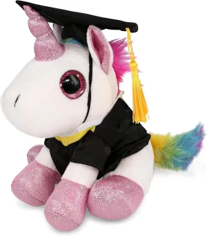 DolliBu Sparkle Eyes White Unicorn Graduation Plush Toy - Super Soft Graduation Stuffed Animal Dress Up Gown and Cap with Tassel with Personalization - 8 Inches