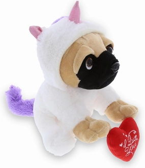 DolliBu I Love You Valentine Plush Pug Dog Unicorn - Cute Stuffed Animal with Red Heart and Name Personalization Gift for Valentines Day, Birthday, Anniversary, Romantic Date - 10 Inches