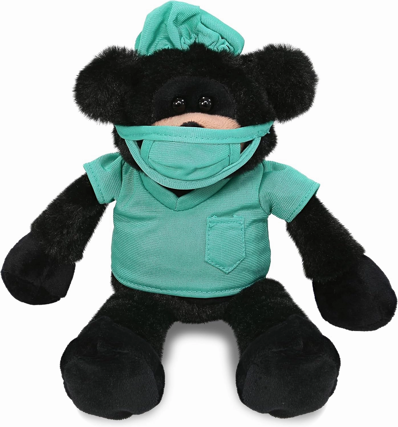 DolliBu Long Leg Black Bear Doctor Plush Toy - Super Soft Bear Doctor Stuffed Animal Dress Up with Cute Scrub Uniform and Cap Outfit - Fluffy Doctor Toy Plush Gift with Personalization - 10.5 Inches