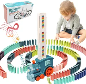 Domino Train Toy Set for Kids, 100 Pcs Automatic Dominoes Blocks Building and Stacking Toys Creative Kids Games Early Education Christmas Birthday Gift Boys Girls Age 3 4 5 6 Year Old (Cyan)