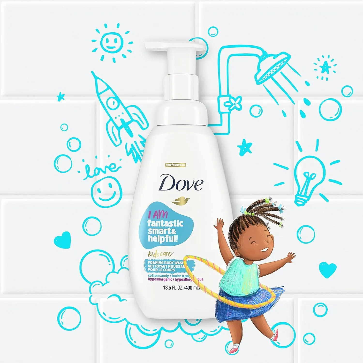 Dove Foaming Body Wash 4 Count For Kids Cotton Candy Hypoallergenic Skin Care, 13.5 Fl Oz