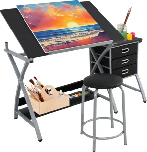 Drafting Table with Tiltable Tabletop and Stool, 3 Storage Drawers, Art Desks for Adults, Painters, Work Station, Home Office, Black