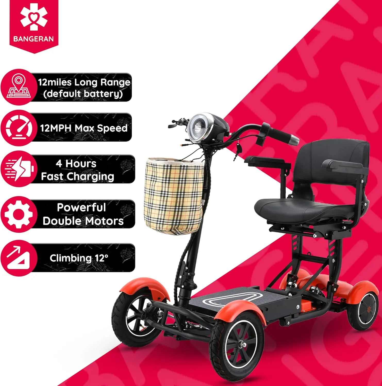 Dragon Mobile EX – Long Range Handicap Mobility Scooter (Up to 12 Miles) w/LED Lights & 3-Speed Setting, Travel Friendly & TSA FAA Compliant (Matte Red)