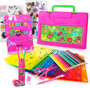 Drawing Stencil Kit for Kids, 60 PC Art Set with 370  Shapes, Sketch Pad, and Colored Pencils for DIY Arts and Crafts for Boys and Girls, Draw with Letter, Animal and Car Stencils, Pink