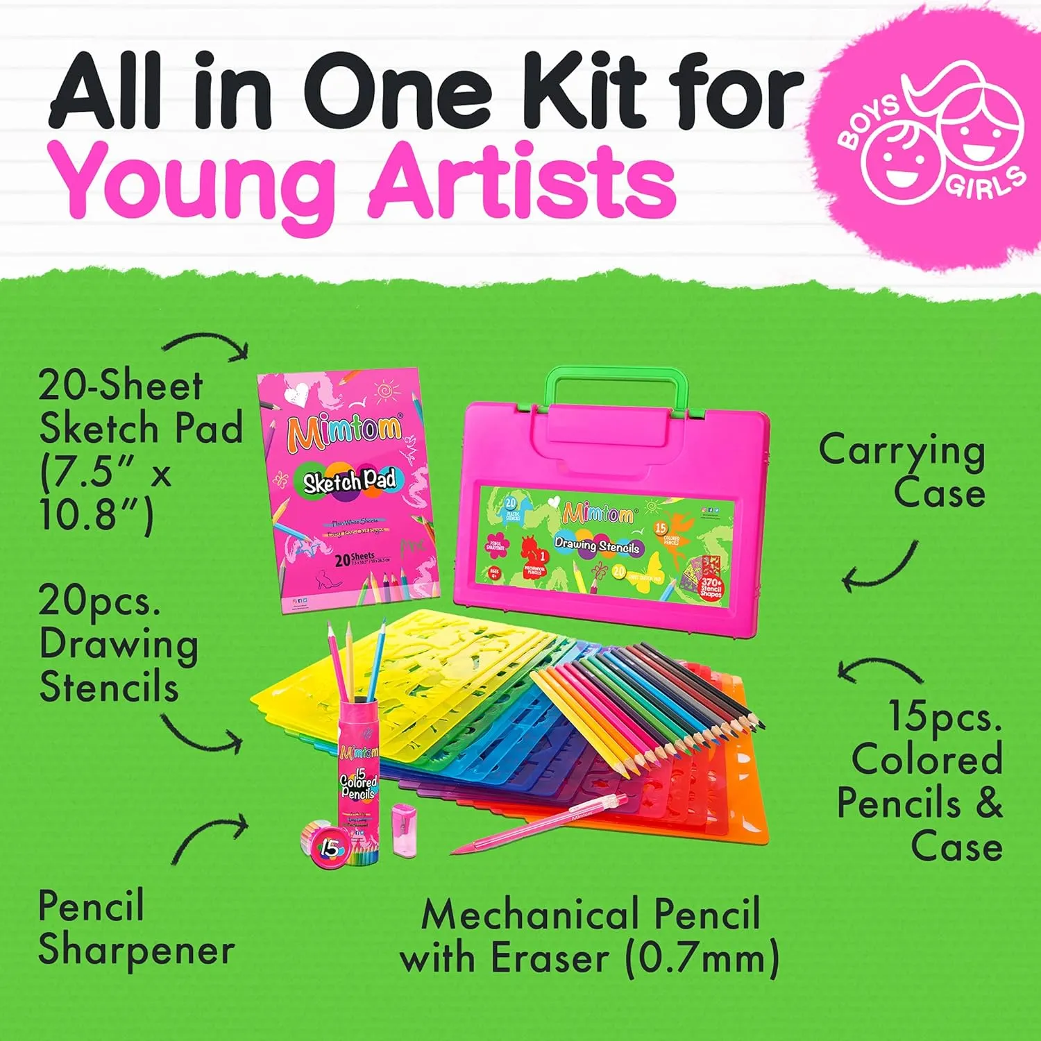 Drawing Stencil Kit for Kids, 60 PC Art Set with 370  Shapes, Sketch Pad, and Colored Pencils for DIY Arts and Crafts for Boys and Girls, Draw with Letter, Animal and Car Stencils, Pink