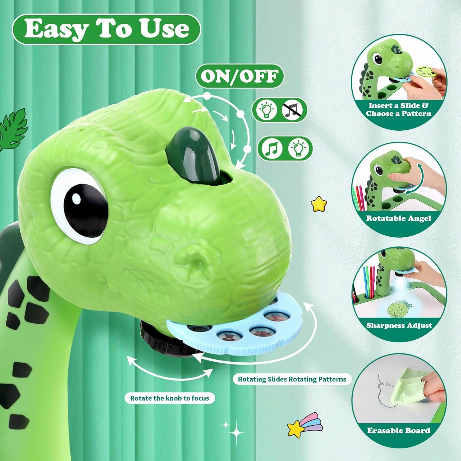 Drawing Projector for Kids, Art and Crafts, Drawing Board with Music, Color Pens, Pencils, Crayons, Scrapbook, Dinosaur Sticker Book, Ideal Toy for 3  Year Old Girls & Boys (Dinosaur Kit)