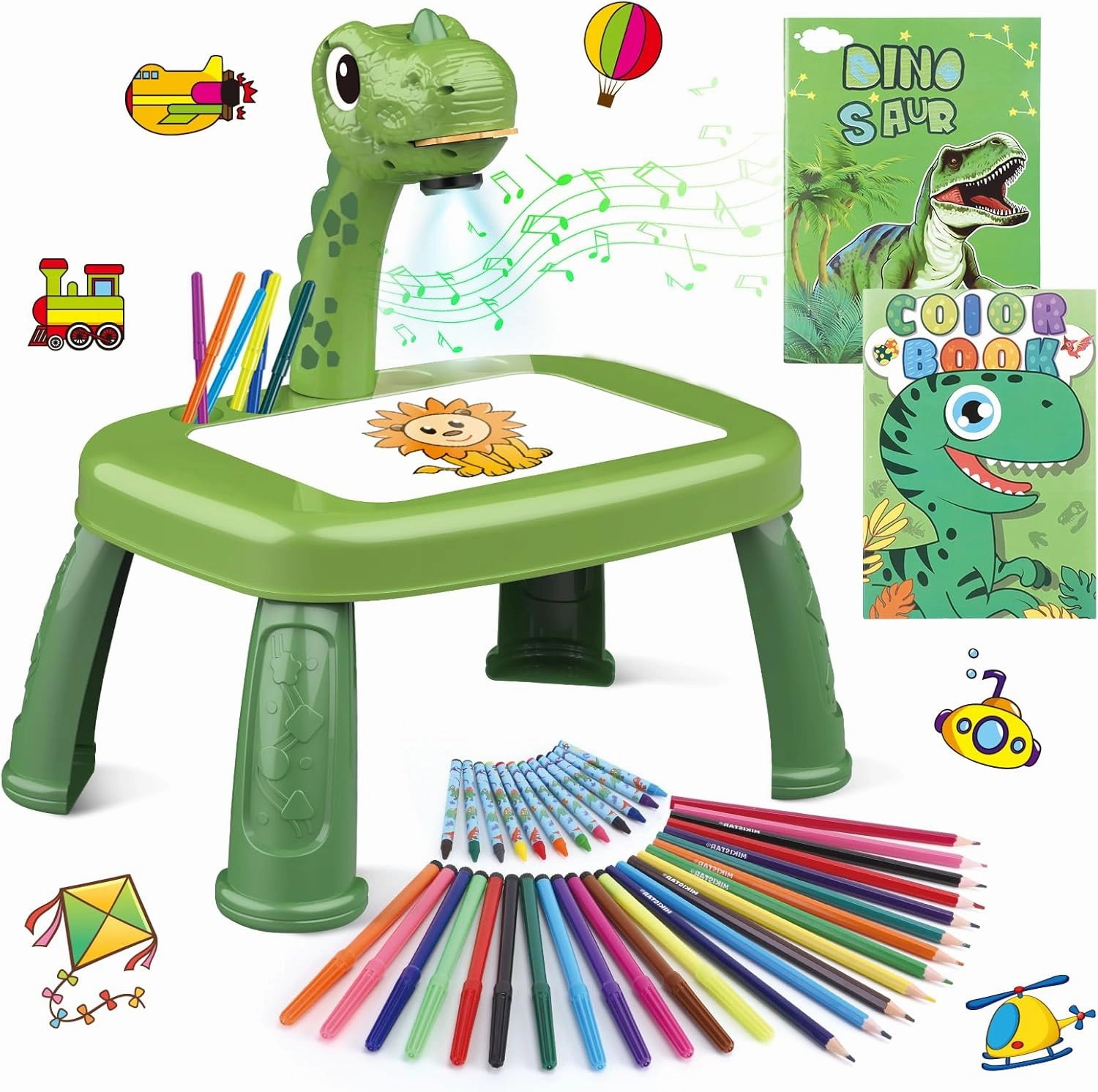 Drawing Projector for Kids, Art and Crafts, Drawing Board with Music, Color Pens, Pencils, Crayons, Scrapbook, Dinosaur Sticker Book, Ideal Toy for 3  Year Old Girls & Boys (Dinosaur Kit)