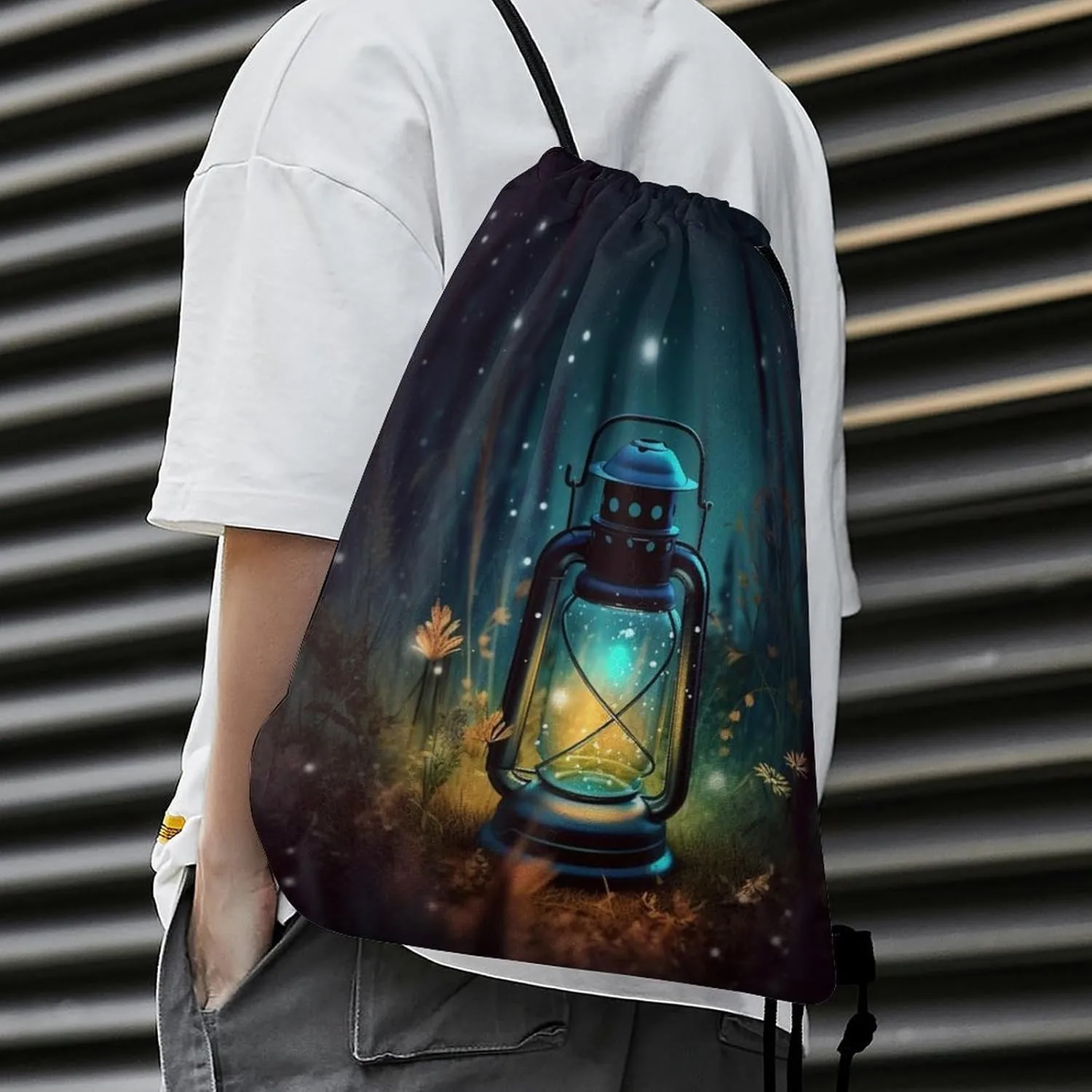 Drawstring Backpack Bulk String Bag Waterproof Drawstring Bag Fireflies And Lantern Cinch Bag Adult Gym Bag for Sport, 35*42cm
