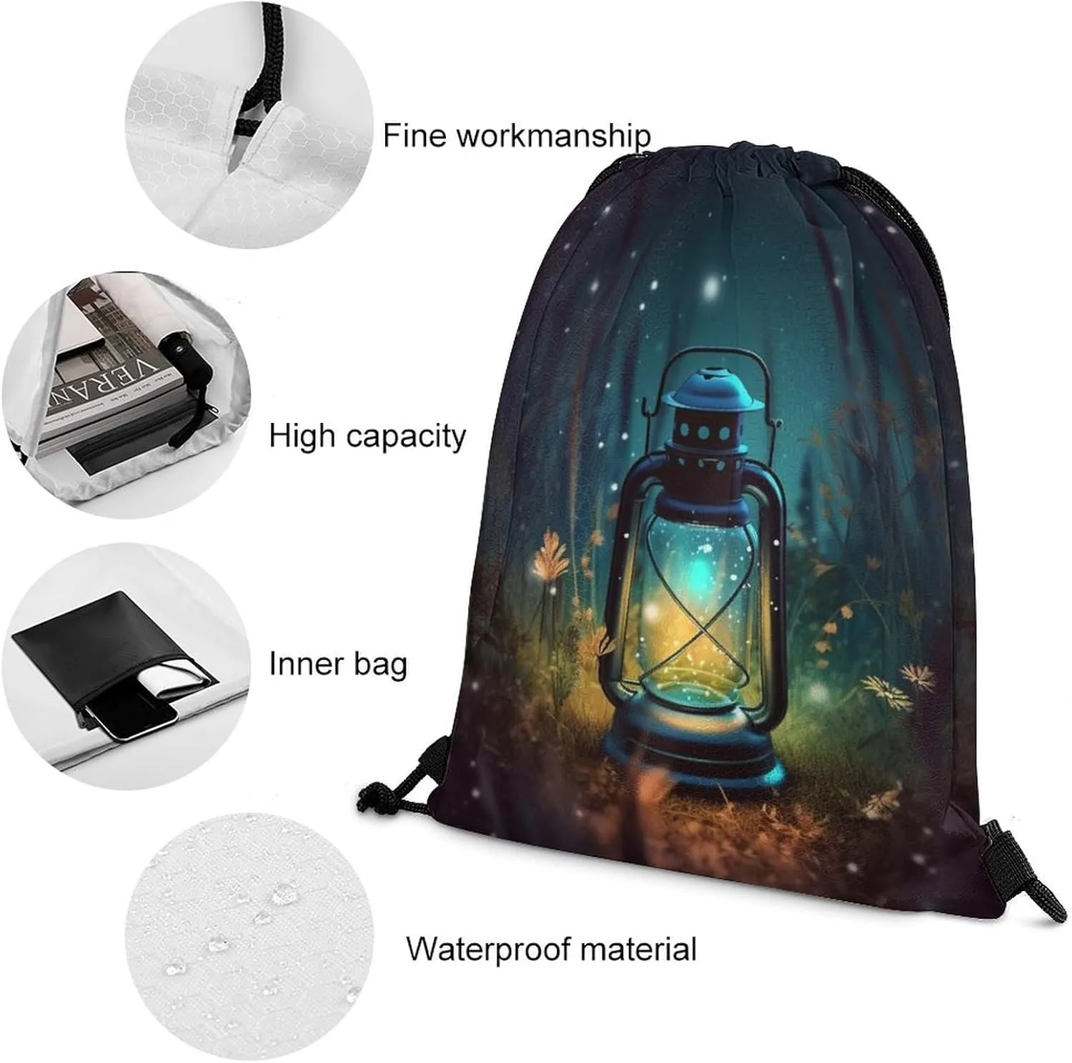 Drawstring Backpack Bulk String Bag Waterproof Drawstring Bag Fireflies And Lantern Cinch Bag Adult Gym Bag for Sport, 35*42cm