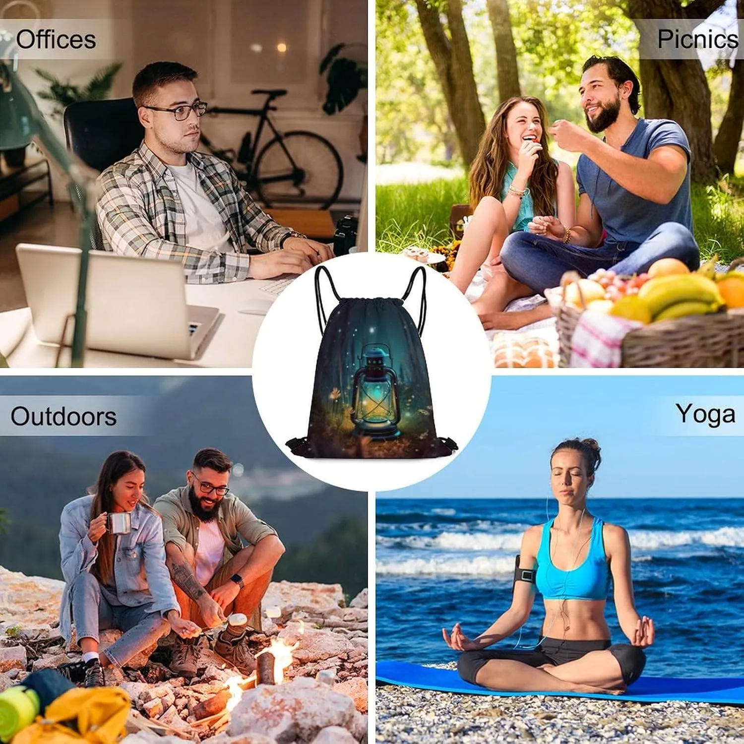 Drawstring Backpack Bulk String Bag Waterproof Drawstring Bag Fireflies And Lantern Cinch Bag Adult Gym Bag for Sport, 35*42cm