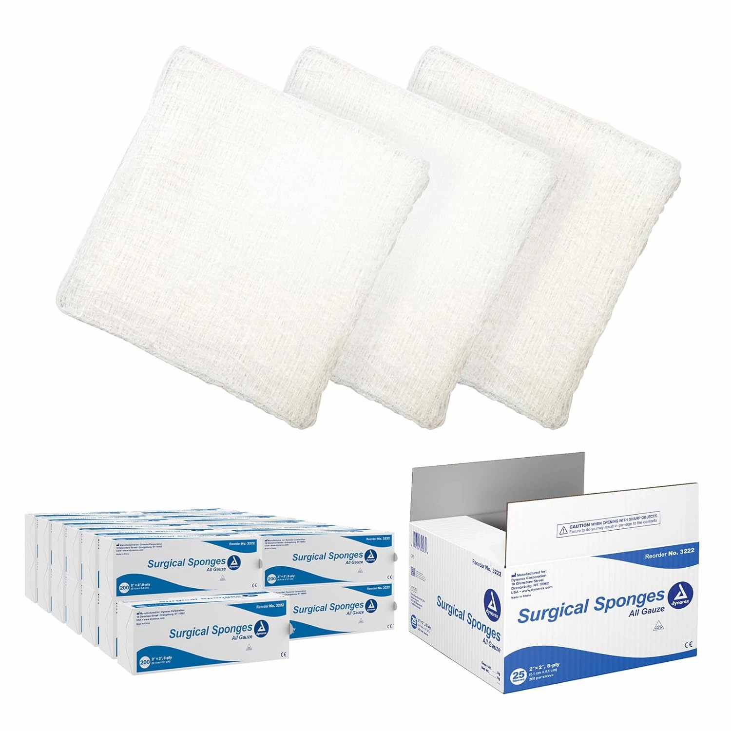Dynarex Surgical Gauze Sponges- Absorbent Cotton Fabric with Folded Edges - Soft, Durable, Non-Sterile Dressing - 2x2, 8-Ply - 200 Sponges Per Sleeve, Case of 25 Sleeves