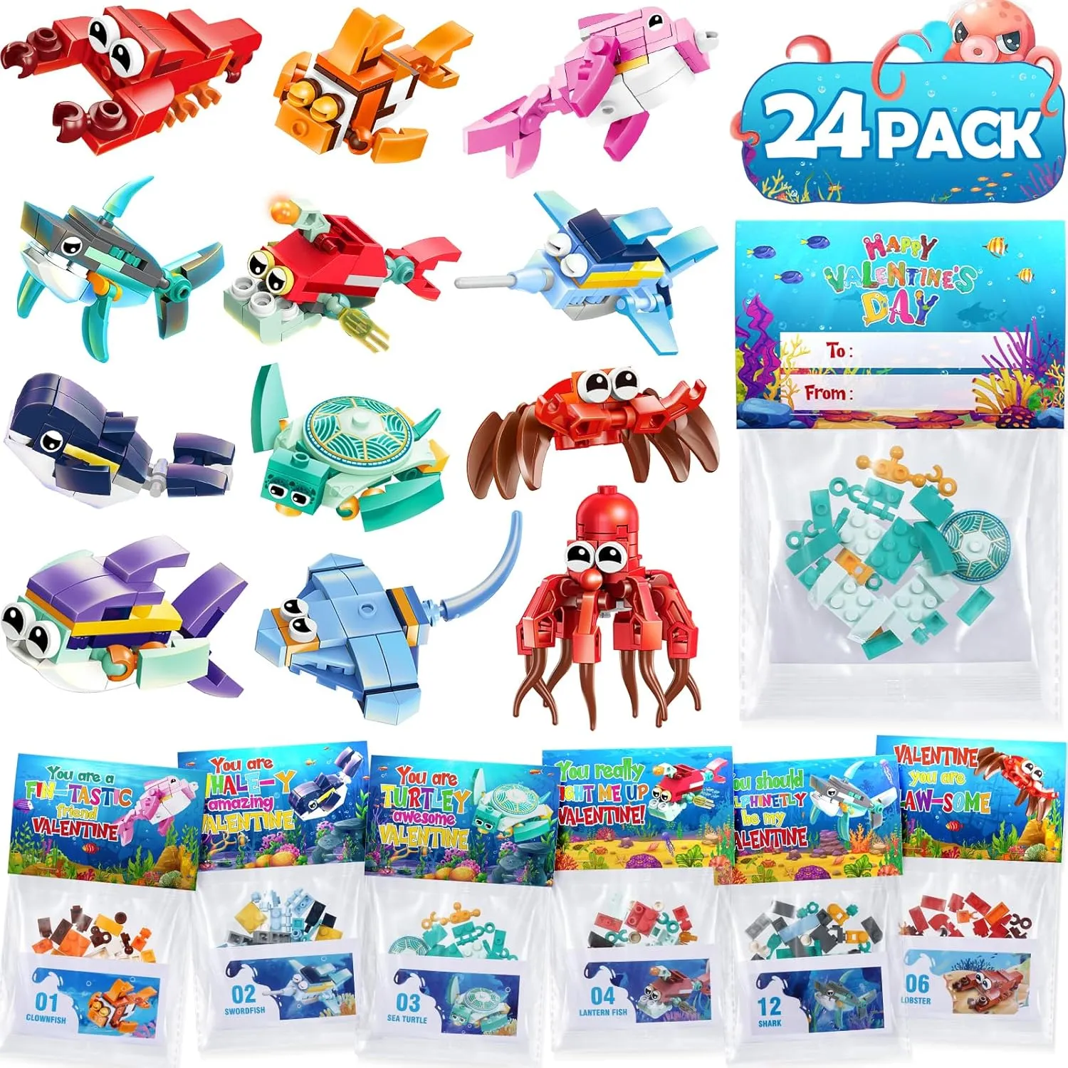 Easter Basket Stuffers Easter Gifts for Kids, 24 Pack Sea Animal Building Block Toy with Card Easter Basket Stuffer for Teen Boy Girl, Prefilled Easter Egg Fillers Kids Party Favor Goodies Bag