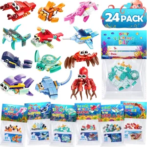 Easter Basket Stuffers Easter Gifts for Kids, 24 Pack Sea Animal Building Block Toy with Card Easter Basket Stuffer for Teen Boy Girl, Prefilled Easter Egg Fillers Kids Party Favor Goodies Bag