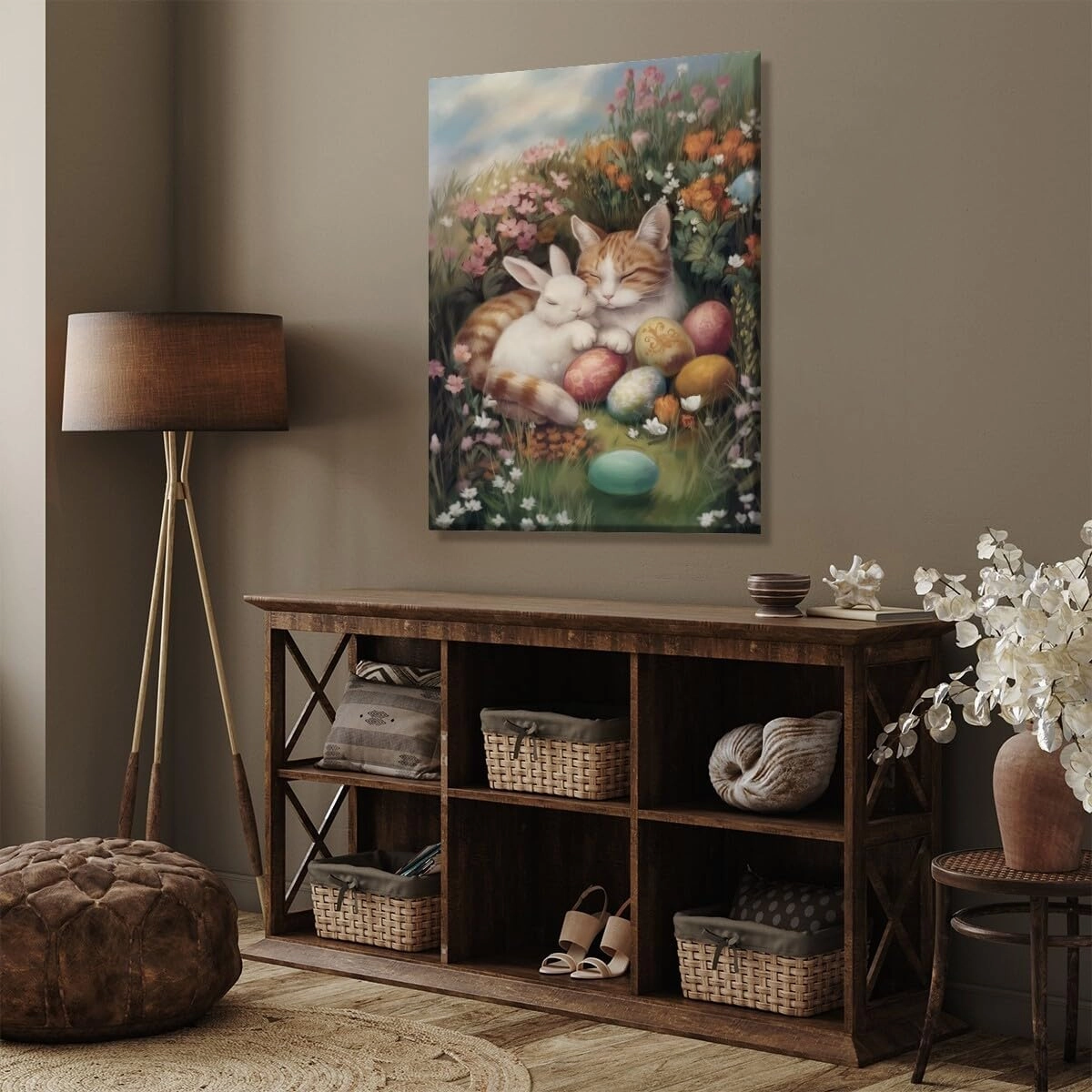 Easter Bunny Cat Wall Art Cute Rabbit Canvas Print Spring Floral Decor Easter Eggs Poster Cozy Farmhouse Wall Decor Holiday Gift for Animal Lovers Easter Home Decor for kids Room 16x24inch Unframed