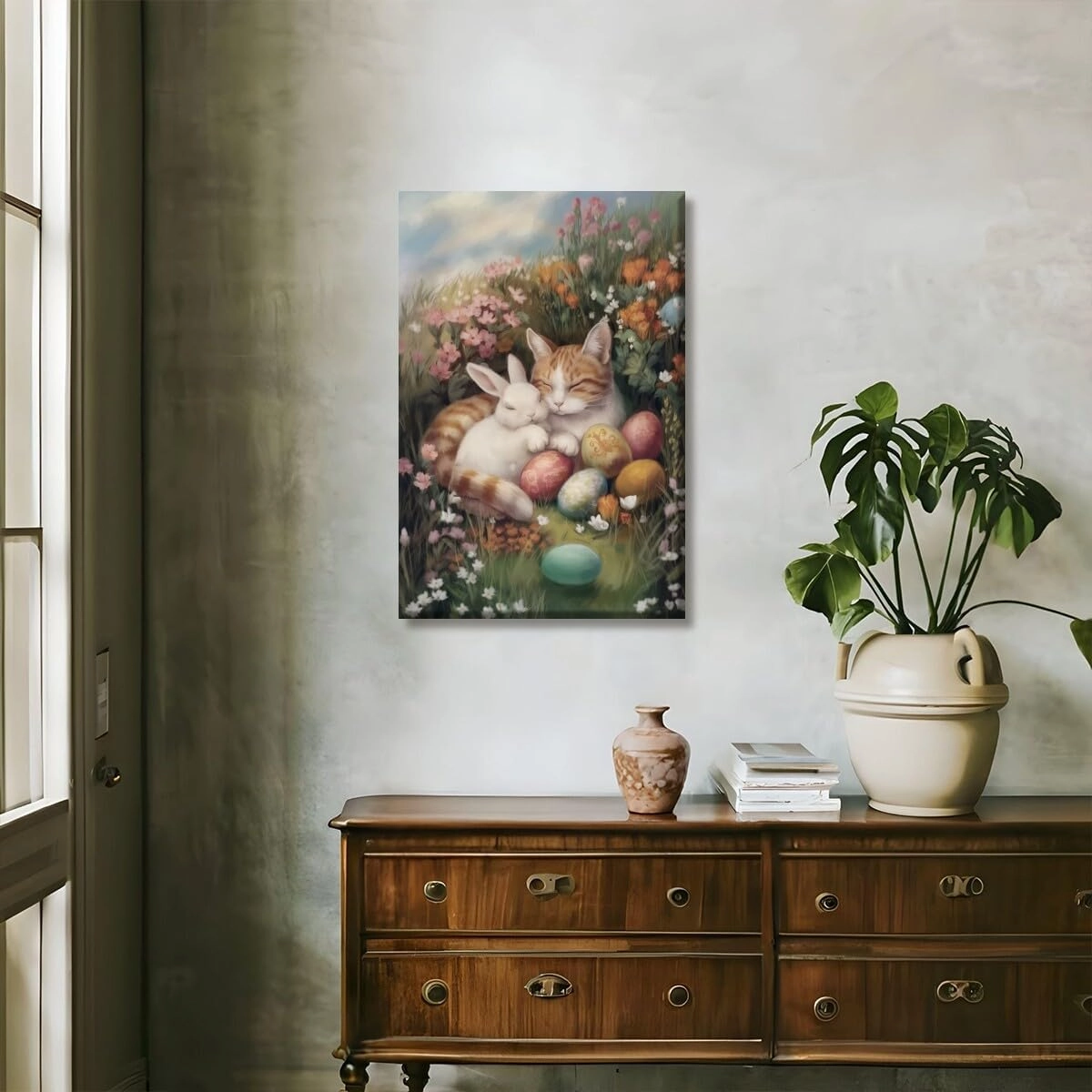 Easter Bunny Cat Wall Art Cute Rabbit Canvas Print Spring Floral Decor Easter Eggs Poster Cozy Farmhouse Wall Decor Holiday Gift for Animal Lovers Easter Home Decor for kids Room 16x24inch Unframed