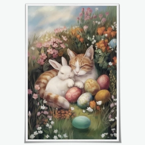 Easter Bunny Cat Wall Art Cute Rabbit Canvas Print Spring Floral Decor Easter Eggs Poster Cozy Farmhouse Wall Decor Holiday Gift for Animal Lovers Easter Home Decor for kids Room 16x24inch Unframed