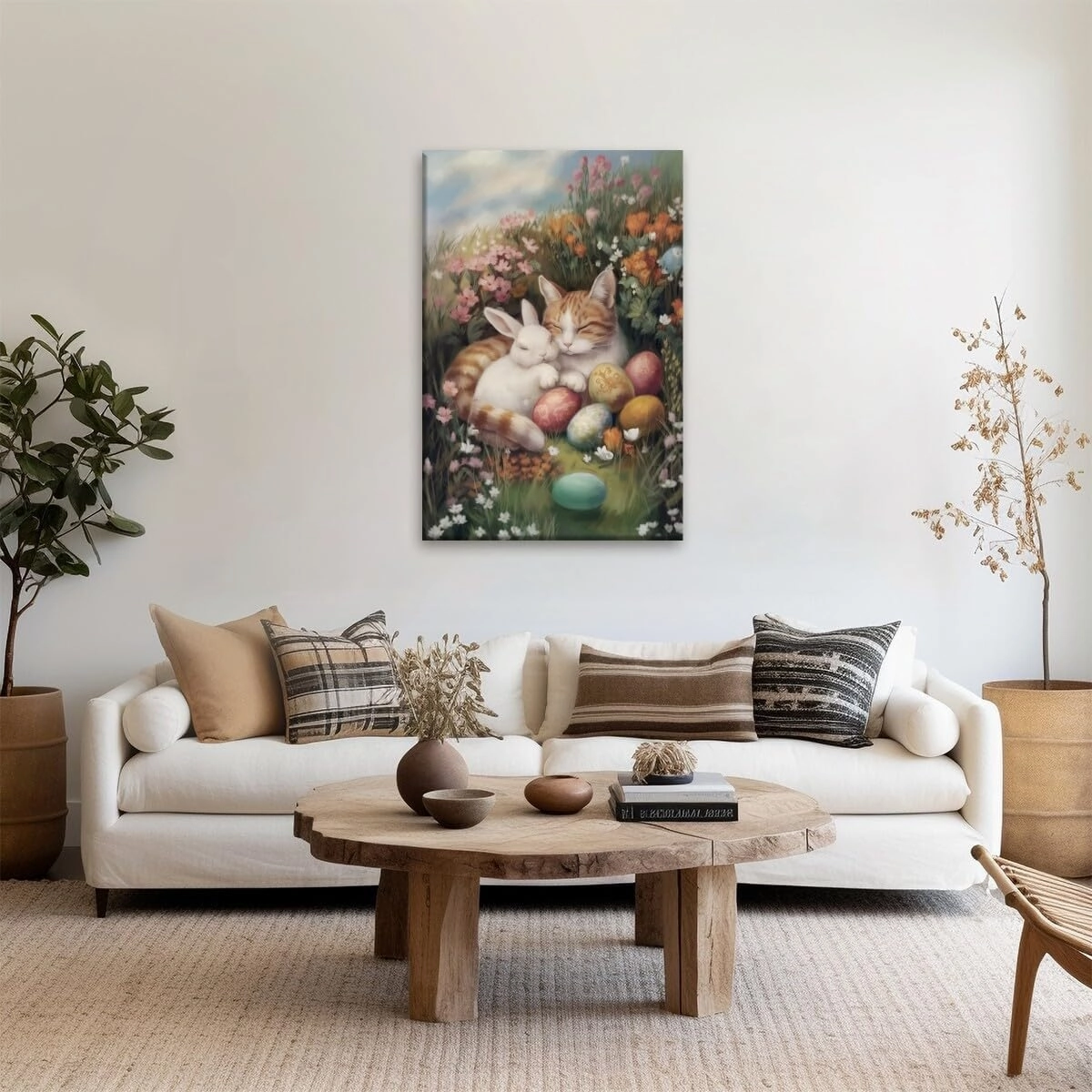 Easter Bunny Cat Wall Art Cute Rabbit Canvas Print Spring Floral Decor Easter Eggs Poster Cozy Farmhouse Wall Decor Holiday Gift for Animal Lovers Easter Home Decor for kids Room 16x24inch Unframed