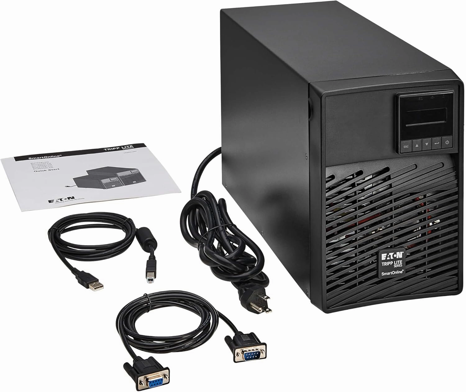 Eaton Tripp Lite Series SmartOnline 1000VA UPS Battery Backup Tower, Pure Sine Wave Double-Conversion, AVR 120V, 900W, 6 Outlets, USB, DB9, LCD Screen (SU1000XLCD)