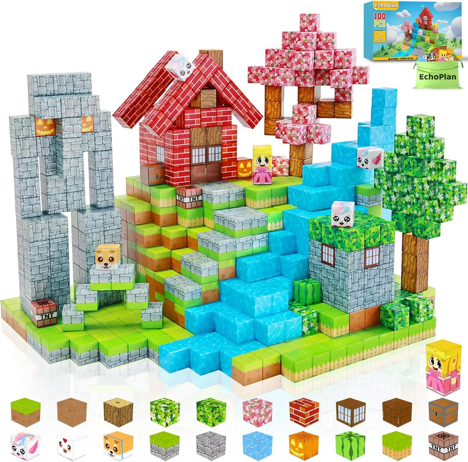 EchoPlan Magnetic Blocks, 100PCS Magnetic Building Blocks to Build a 3D World, STEM Sensory Construction Stacking Magnet Blocks Toy for Kids Ages 3 , Boys and Girls Christmas Birthday Gifts