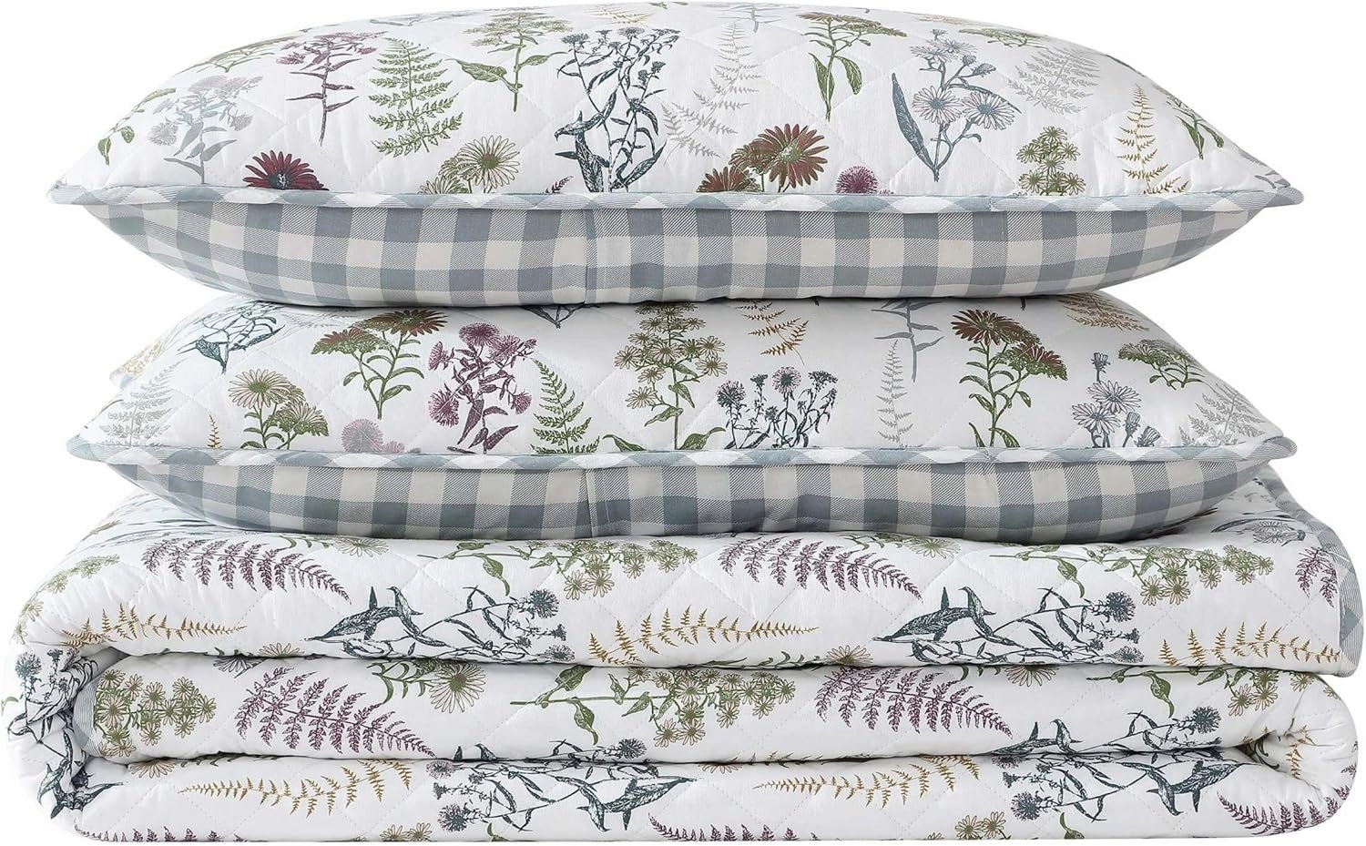 Eddie Bauer - King Quilt Set, Reversible Cotton Bedding with Matching Shams, Classic Floral Home Decor with Plaid Reverse (Flower Field Green, King)