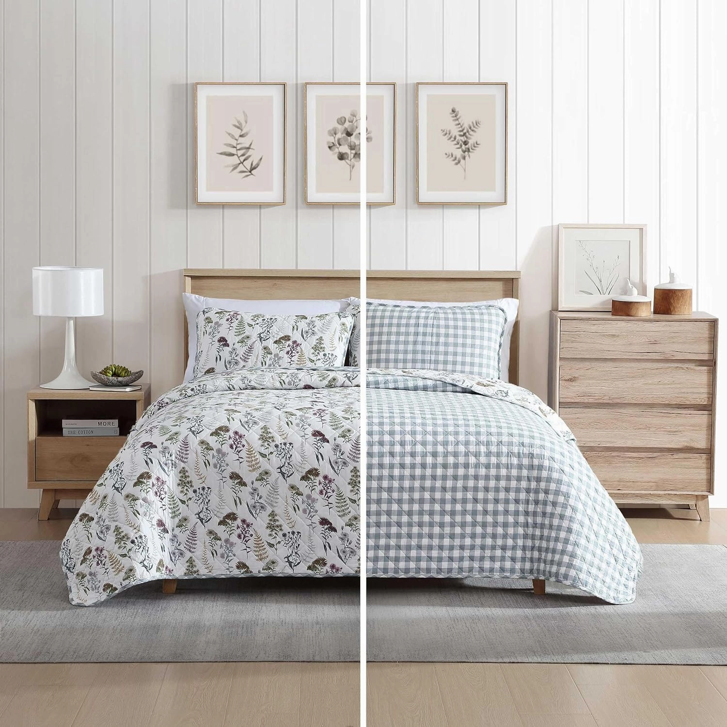 Eddie Bauer - King Quilt Set, Reversible Cotton Bedding with Matching Shams, Classic Floral Home Decor with Plaid Reverse (Flower Field Green, King)
