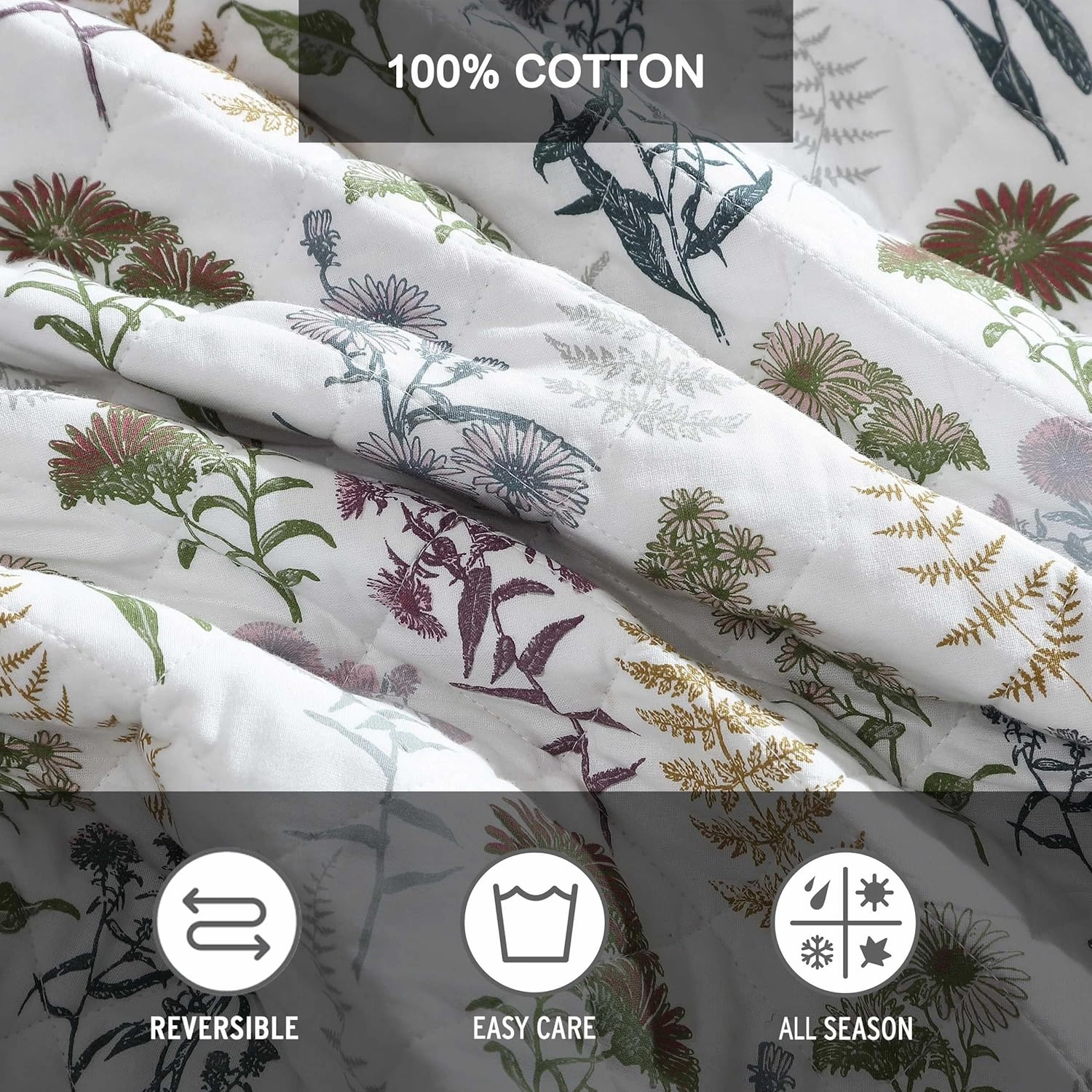 Eddie Bauer - King Quilt Set, Reversible Cotton Bedding with Matching Shams, Classic Floral Home Decor with Plaid Reverse (Flower Field Green, King)