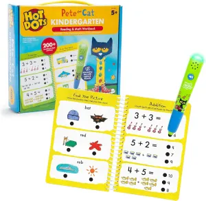 Educational Insights Hot Dots Pete The Cat Kindergarten Reading & Math Workbook - Kindergarten Workbooks with Interactive Pen, Homeschool Learning Books, Build Early Reading & Math Skills, Ages 5 