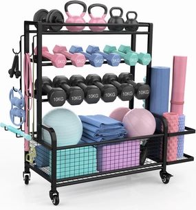 Eglua 4-Tier Heavy-Duty Home Gym Storage Rack with Adjustable Shelves & Lockable Wheels - All-in-One Workout Equipment Organizer for Dumbbells, Kettlebells, Yoga Mats, Foam Rollers, Resistance Bands, and More (Black)