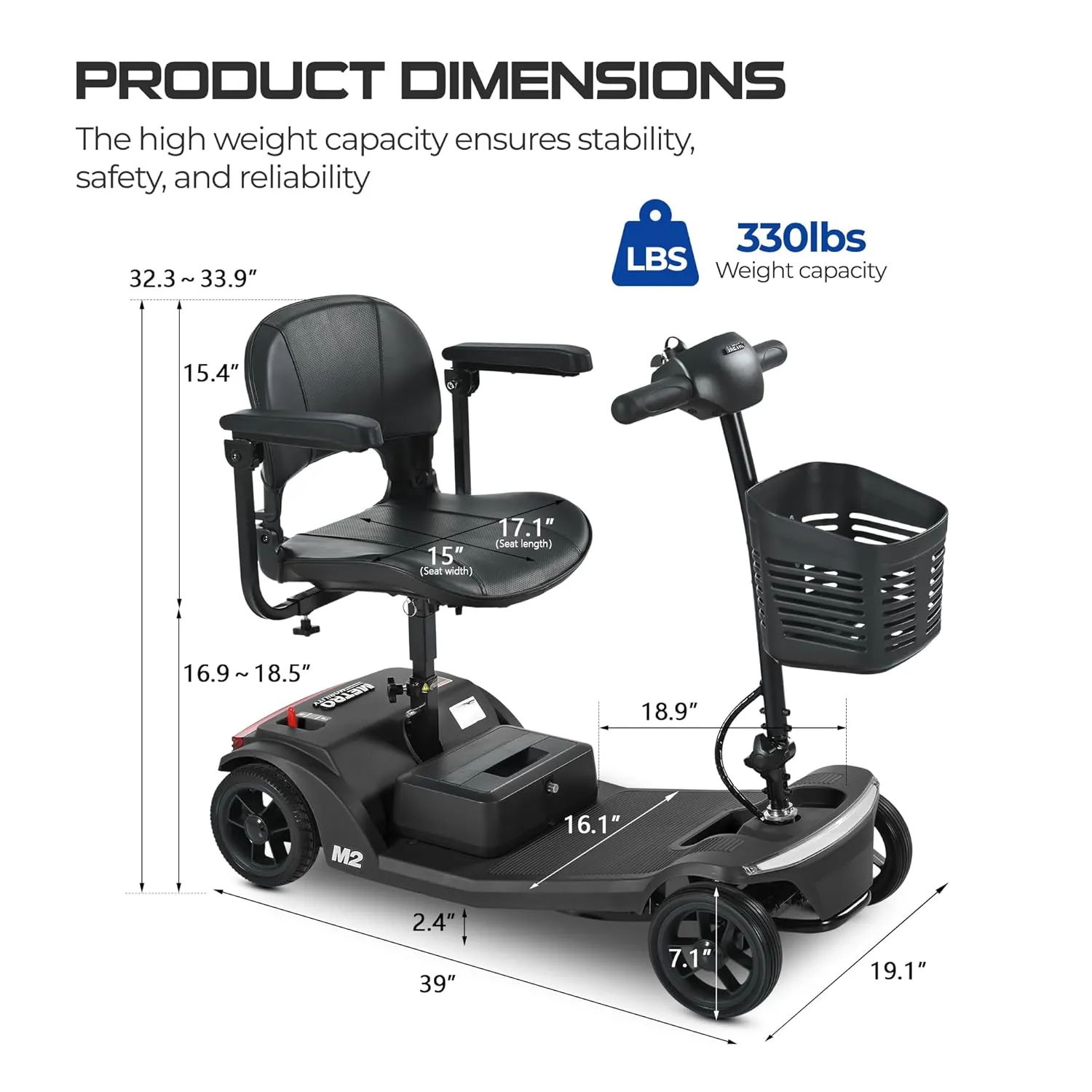 Electric Foldable Mobility Scooter for Adults 4 Wheel Mobility, 330lbs Max Weight,10-15miles Per Charge Electric Powered Wheelchair Power Scooters Black