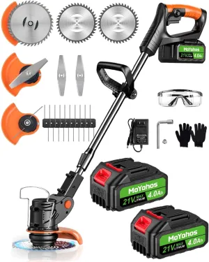 Electric Weed Wacker Cordless, 21V Weed Cordless Eater Battery Powered, with 2 * 4.0 Batteries & Charger, Lightweight Brush Cutter/Grass Trimmer, 3 Types Blade, for Lawn Yard Garden, Black