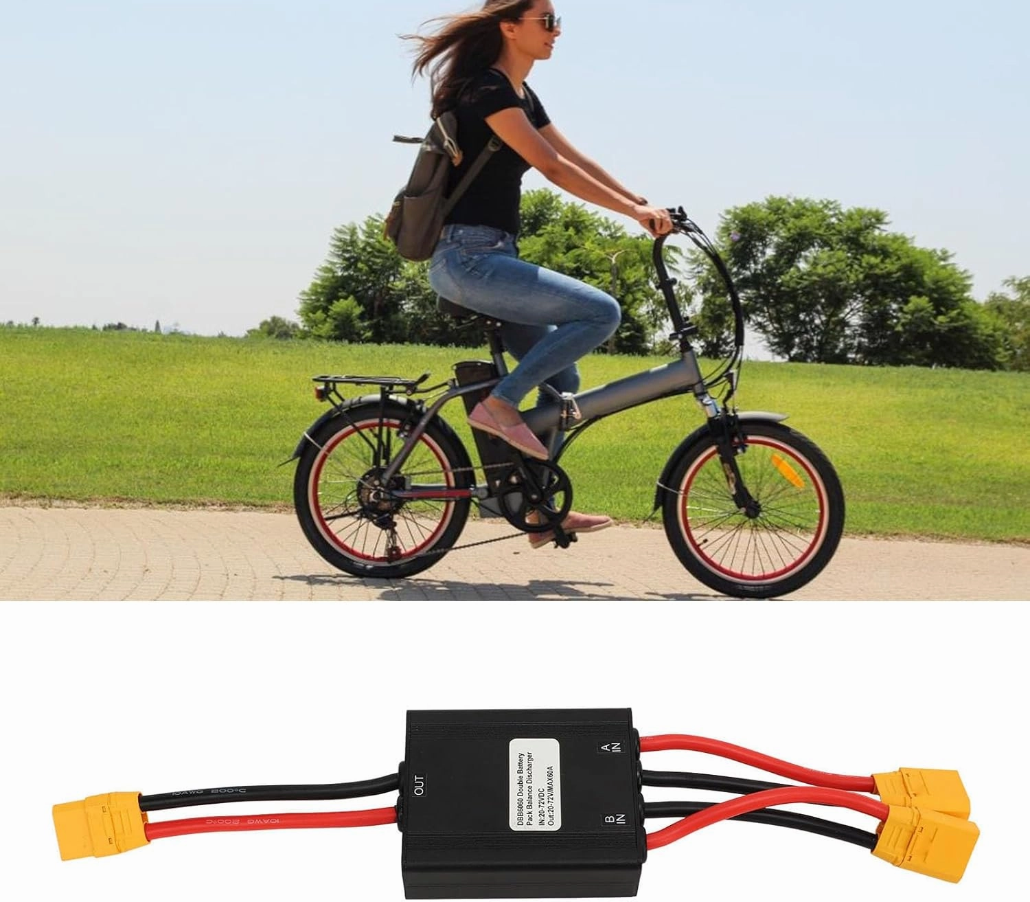 Electric Bike Dual Battery Converter, Aluminum Alloy Module for Increased Power with XT90 Connectors, 20V to 72V Support