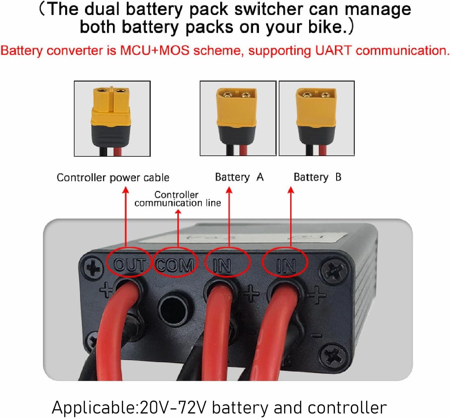 Electric Bike Dual Battery Converter, Aluminum Alloy Module for Increased Power with XT90 Connectors, 20V to 72V Support