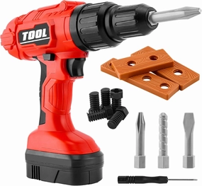 Electric Power Kids Drill and Screw Set，Toy Drill Set Include 3 Interchange dirll bits with Realistic Sound & Action，Kids Pretend Play Tool，Drill Toys for Boys Ages 3-5 Boys(Red)