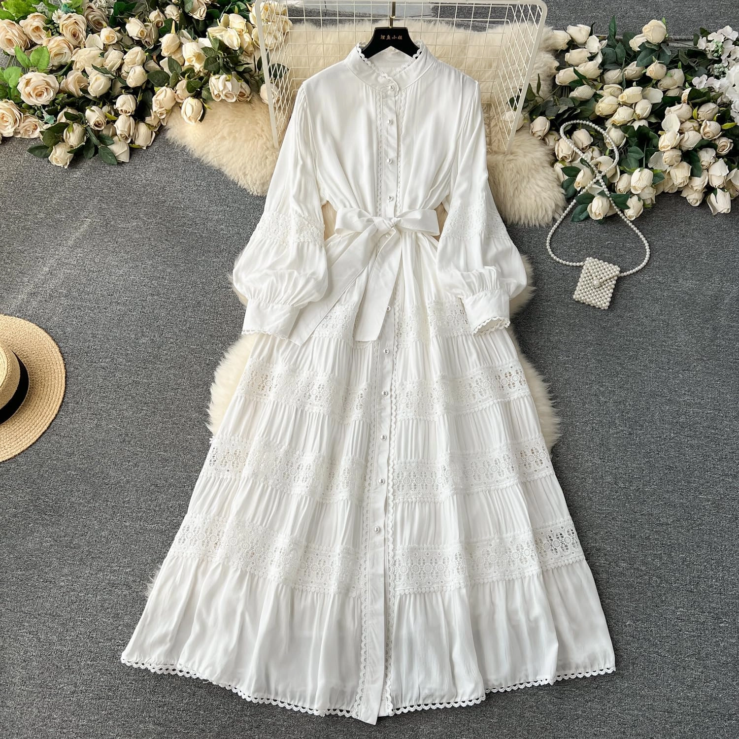 Elegant French Court Retro Dress for Women-Stand Collar Trumpet Sleeves Vintage Waisted Single-Breasted Lace Dress