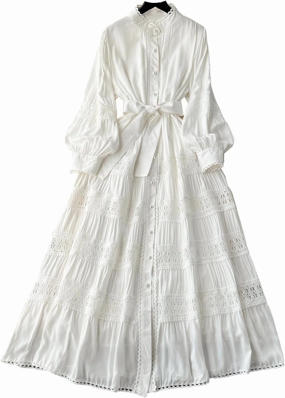Elegant French Court Retro Dress for Women-Stand Collar Trumpet Sleeves Vintage Waisted Single-Breasted Lace Dress