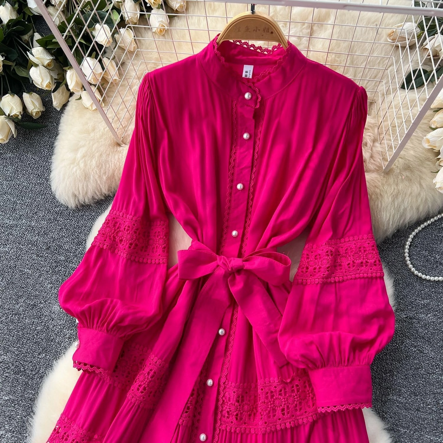 Elegant French Court Retro Dress for Women-Stand Collar Trumpet Sleeves Vintage Waisted Single-Breasted Lace Dress