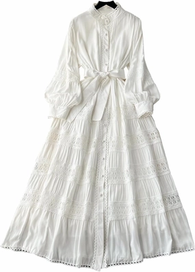 Elegant French Court Retro Dress for Women-Stand Collar Trumpet Sleeves Vintage Waisted Single-Breasted Lace Dress
