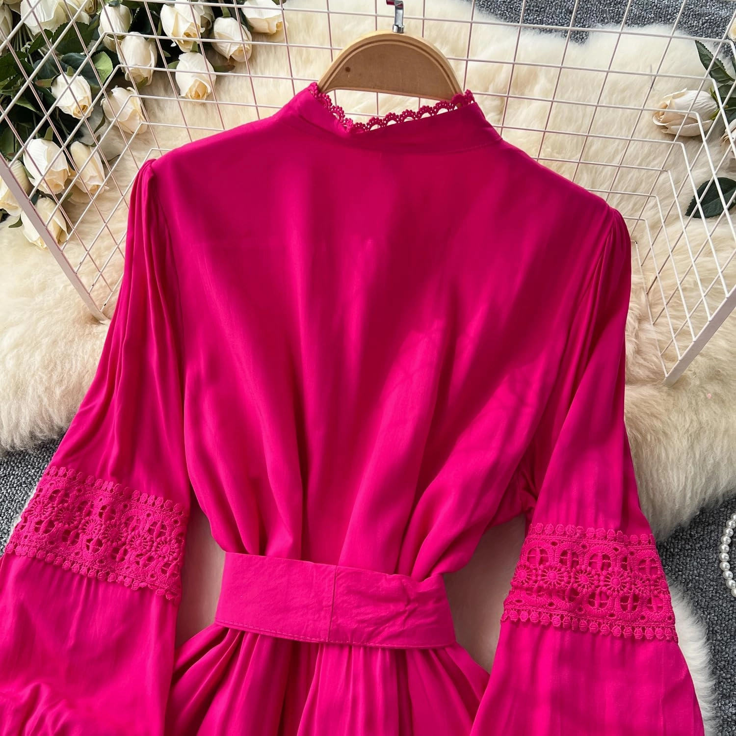 Elegant French Court Retro Dress for Women-Stand Collar Trumpet Sleeves Vintage Waisted Single-Breasted Lace Dress