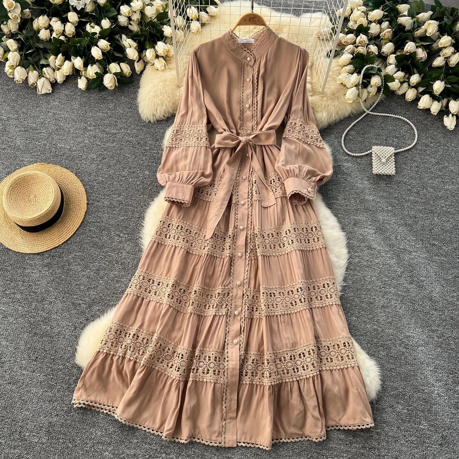 Elegant French Court Retro Dress for Women-Stand Collar Trumpet Sleeves Vintage Waisted Single-Breasted Lace Dress
