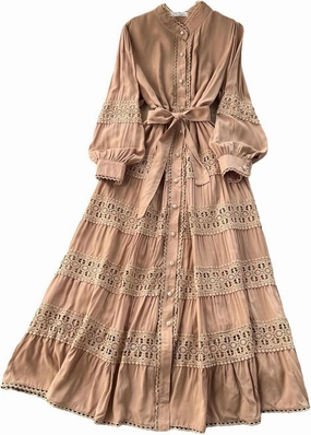 Elegant French Court Retro Dress for Women-Stand Collar Trumpet Sleeves Vintage Waisted Single-Breasted Lace Dress