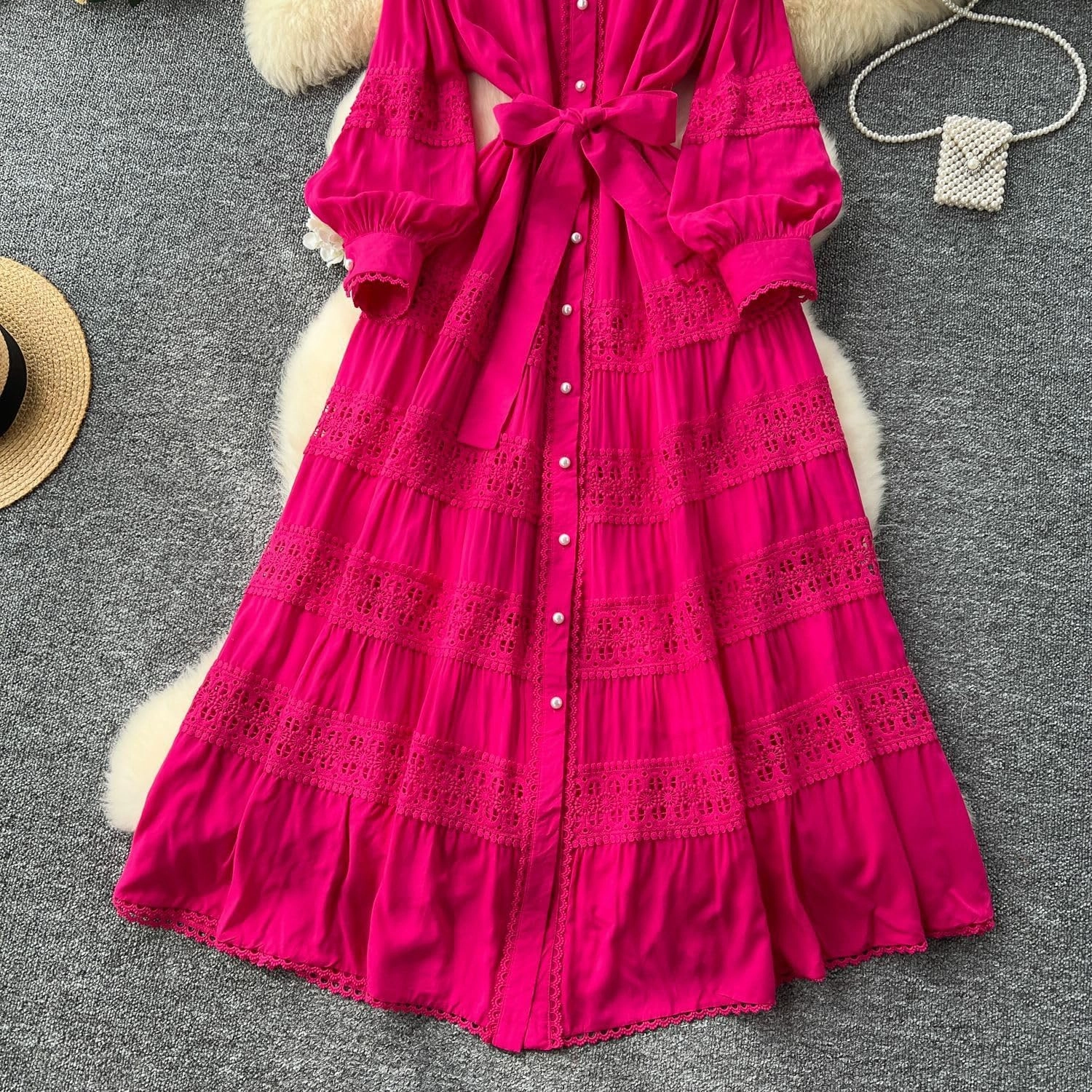 Elegant French Court Retro Dress for Women-Stand Collar Trumpet Sleeves Vintage Waisted Single-Breasted Lace Dress
