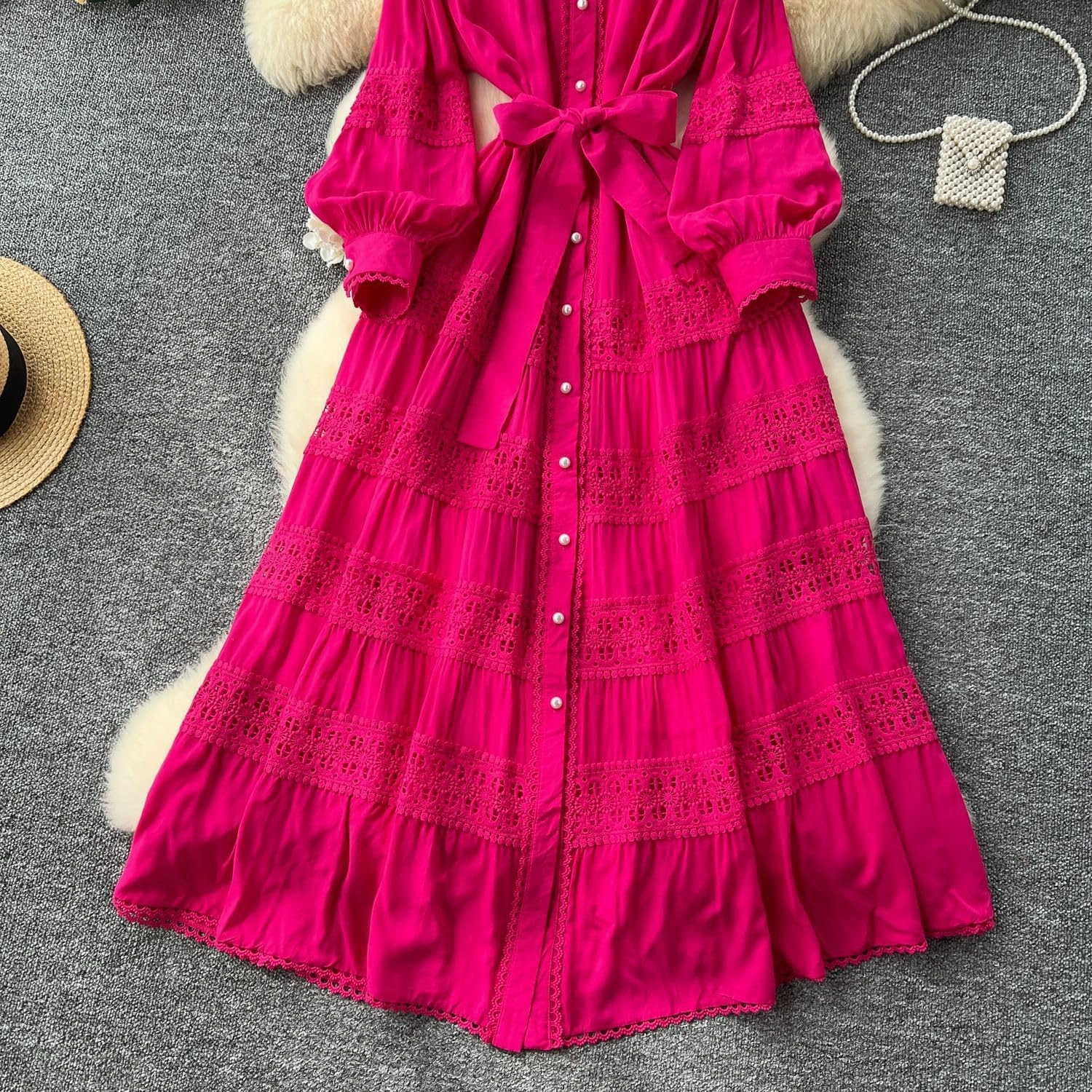 Elegant French Court Retro Dress for Women-Stand Collar Trumpet Sleeves Vintage Waisted Single-Breasted Lace Dress