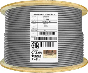 Elite Cat6A Shielded Riser (CMR), 1000ft, FTP 23AWG, Solid Bare Copper, 650MHz, 10Gb Speeds, UL Listed, UL-LP Certification, Higher Performance PoE, Bulk Ethernet Cable Reel, Grey