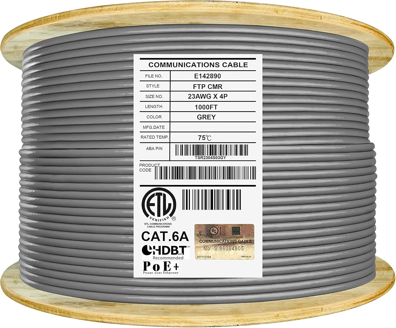Elite Cat6A Shielded Riser (CMR), 1000ft, FTP 23AWG, Solid Bare Copper, 650MHz, 10Gb Speeds, UL Listed, UL-LP Certification, Higher Performance PoE, Bulk Ethernet Cable Reel, Grey