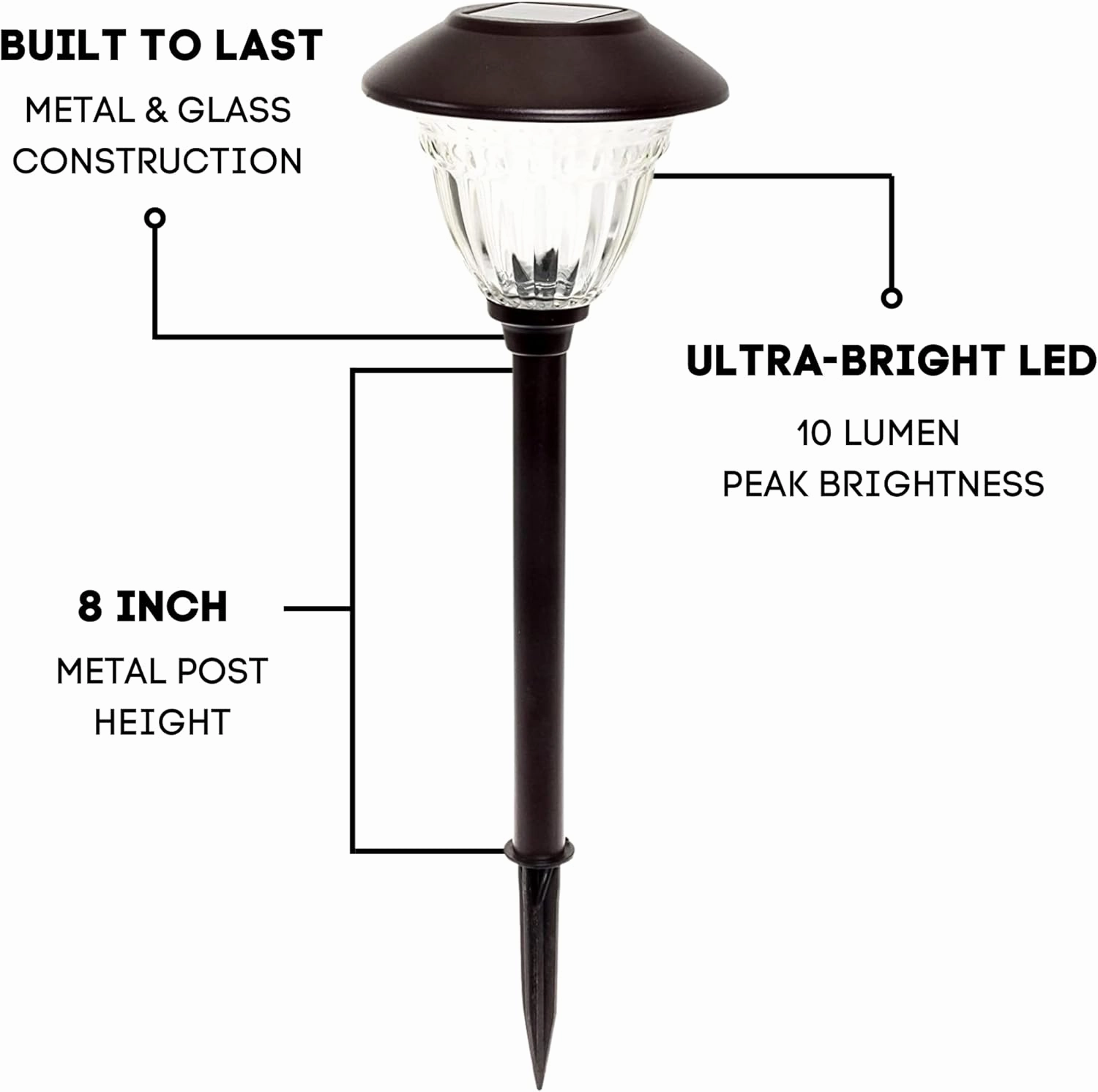Energizer LED Solar Pathway Lights - 10 Pack of [Bronze] Outdoor Solar Lights - IP65 Waterproof w/Auto On/Off - Patterned Glass and Metal Construction Coated in Bronze